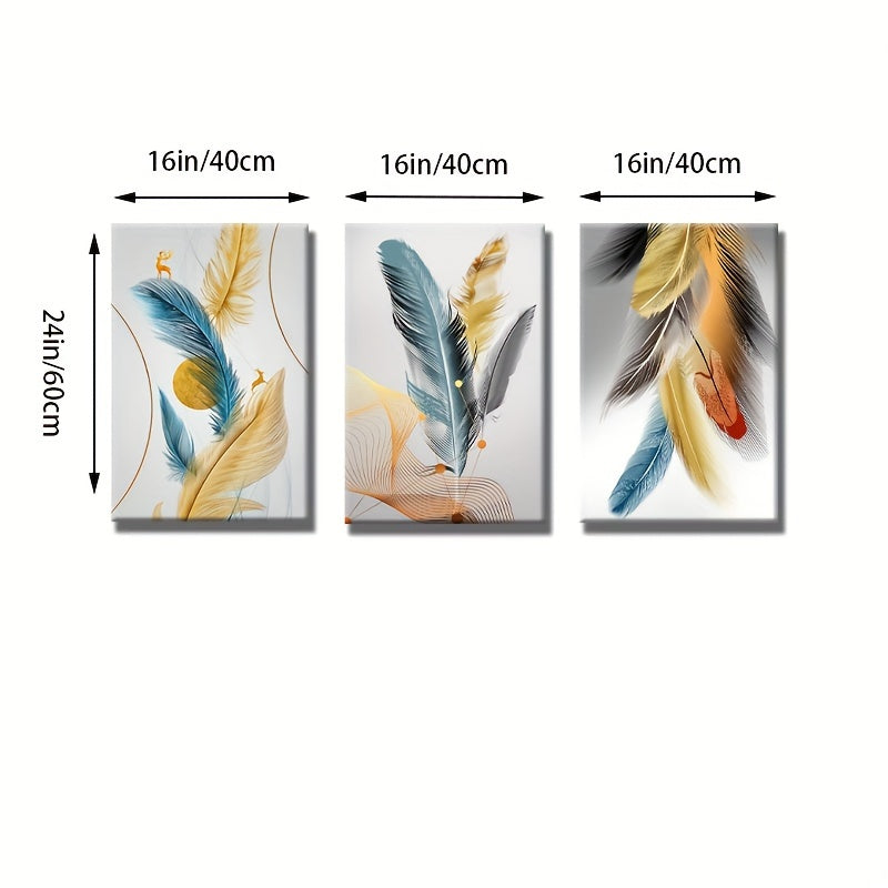 3-Piece Framed Feather Wall Art Canvas Prints, Modern Abstract Posters for Living Room, Bedroom, Office, Restaurant, Bathroom, Nursery, Home Decor, Horizontal Feather Oil Paintings, 16x24 inches.