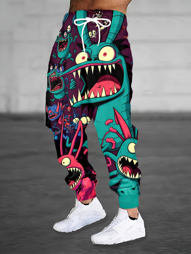 Men's Cartoon Monsters Graphic Jogger Sweatpants With Drawstrings, Casual Comfy Outdoor Trousers As Gift