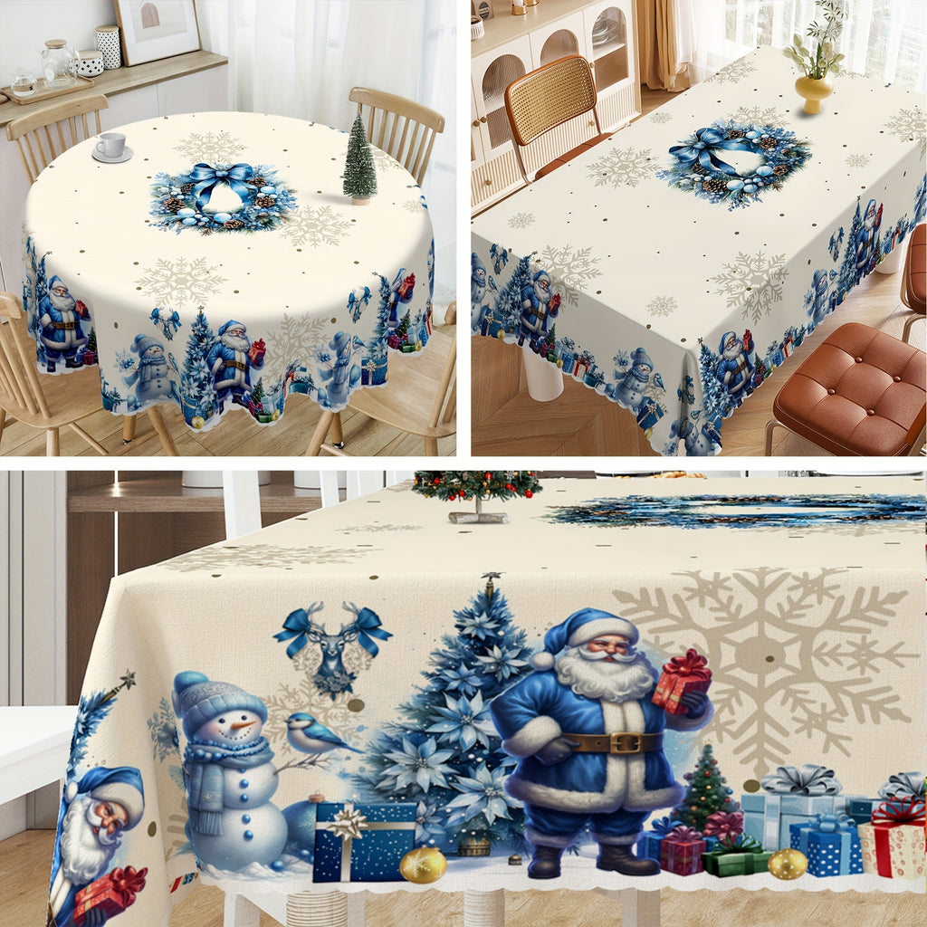 Christmas Cheer Tablecloth - Santa, Snowman & Pine Tree Design | Durable Polyester with Embossed Edge | Perfect for Dining, Balcony & Coffee Tables | Indoor/Outdoor Holiday Decor