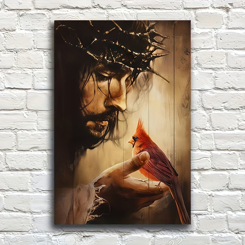 1pc Wooden Framed Red Cardinals Canvas Painting Art Prints Wall For Bedroom Living Room Home Decor Thorn Crown Jesus Portrait Canvas Print Poster Picture With Framed Ready to Hang Art Gift For Her Him
