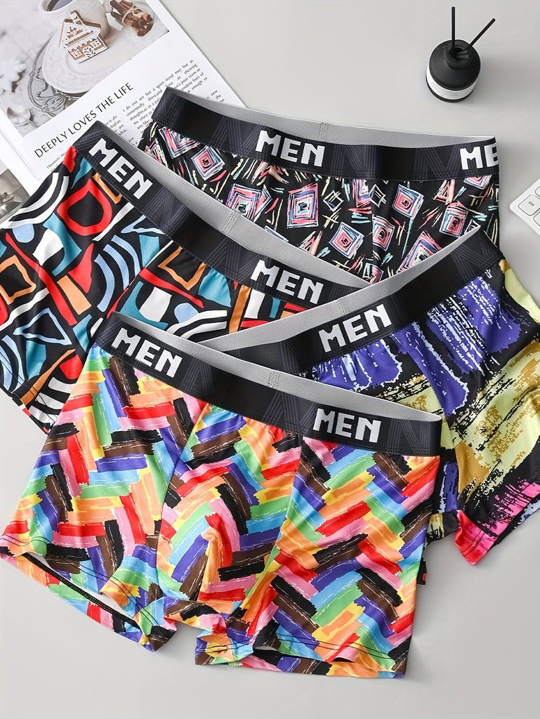 Stylish High Quality Series - 4 Pcs Men's Colorful Geometric Print Stretchy Boxer Briefs - Comfy & Quick- Drying & Breathable Underwear Set - S、M、L、XL、XXL