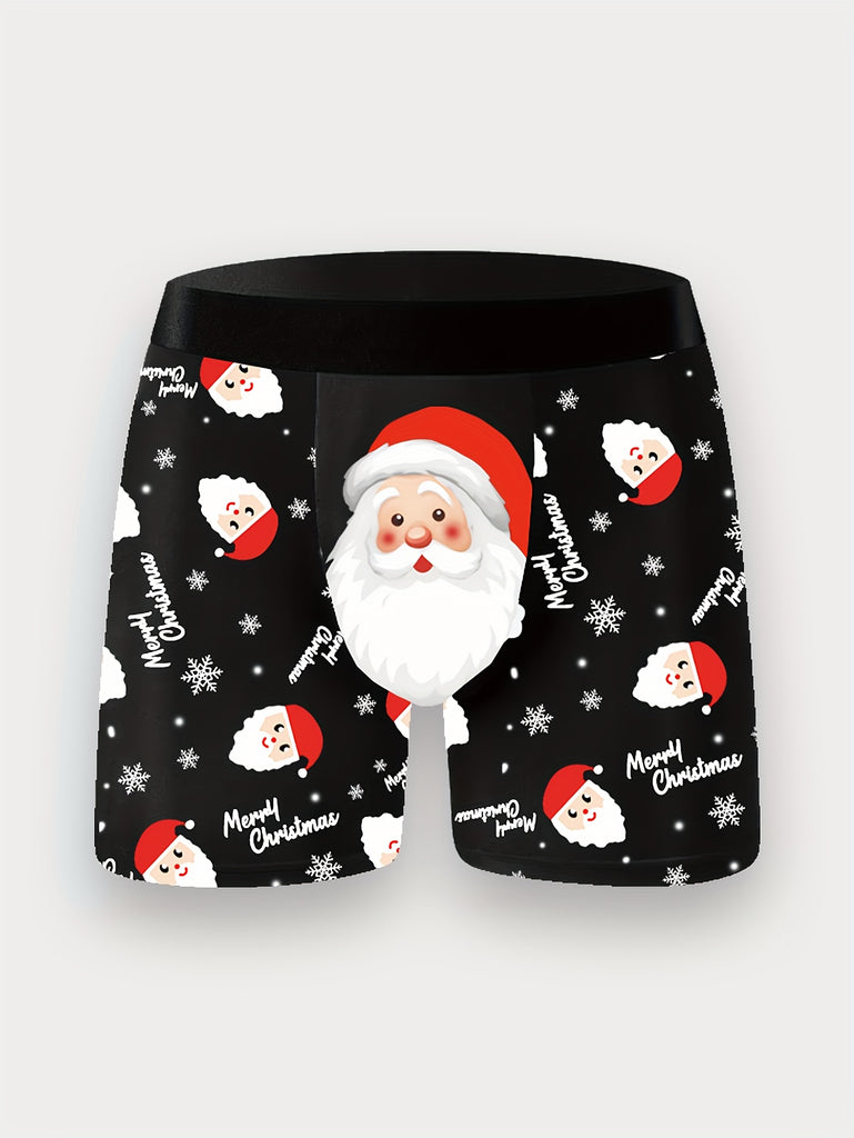 4pcs Men's Christmas Boxer Briefs Set with Santa, Snowflakes & Gingerbread for Man Designs - Includes Greeting Card, Comfortable Polyester Blend, Perfect Holiday Gift