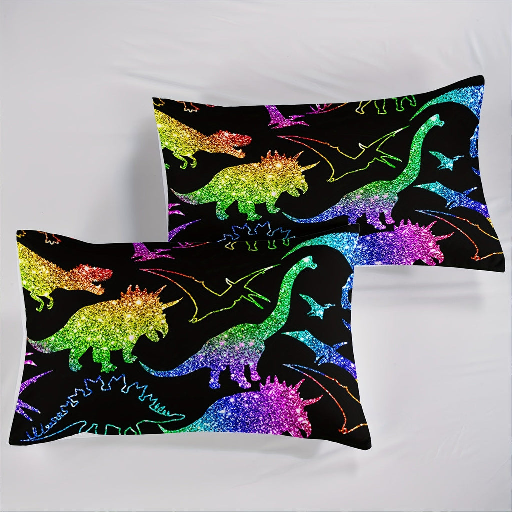 Rainbow Dinosaur Comforter Set For Colorful Dino Bedding Cartoon Dinosaur With Shiny Glitter Bedding Set Bedroom Decor 1 Comforterr + 2 Pillowcases Lightweights