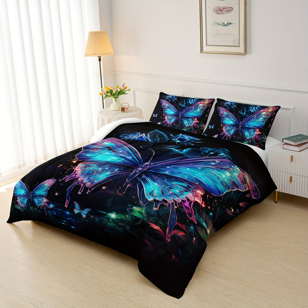 Purple Butterfly Quilt Set, Purple Starry Sky Galaxy Duvet Sets, Creative Design Printed Bedding, Bedroom Decoration Duvet Set (1*Comforter + 2*Pillowcase, Without Core)