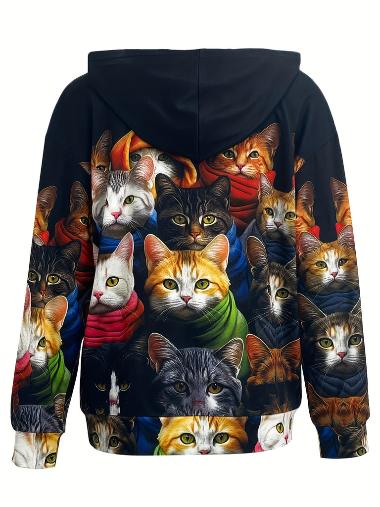 Funny Cat Print Hoodie, Casual Long Sleeve Hooded Sweatshirt For Fall & Winter, Women's Clothing