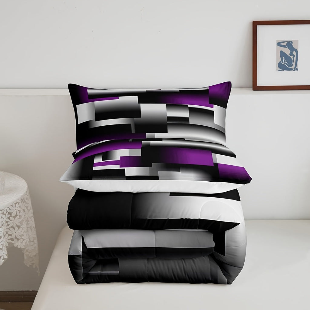 2/3pcs Black Purple Geometric Comforter Set, 3D Rendering Abstract Art Comforter for Women Men, Geometry Rectangle Bedding Set Breathable Modern Duvet Set, Room Dormitory Decor, All Season Lightweight Cozy Warm, Christmas Gifts Decoration Ornaments,