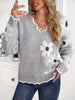 Floral Pattern Scallop Trim Sweater, Elegant V Neck Long Sleeve Sweater For Fall & Winter, Women's Clothing