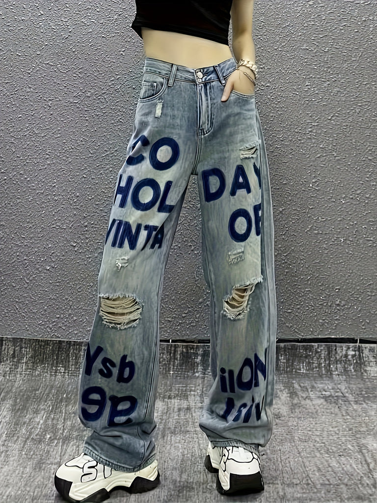 Ripped Knee Cut Loose Fit Letter Print Washed Jeans, Casual Style Zipper Button Closure Denim Pants, Women's Denim Jeans & Clothing