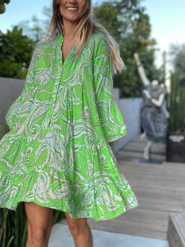 V-neck Print Flared Sleeve Skirt