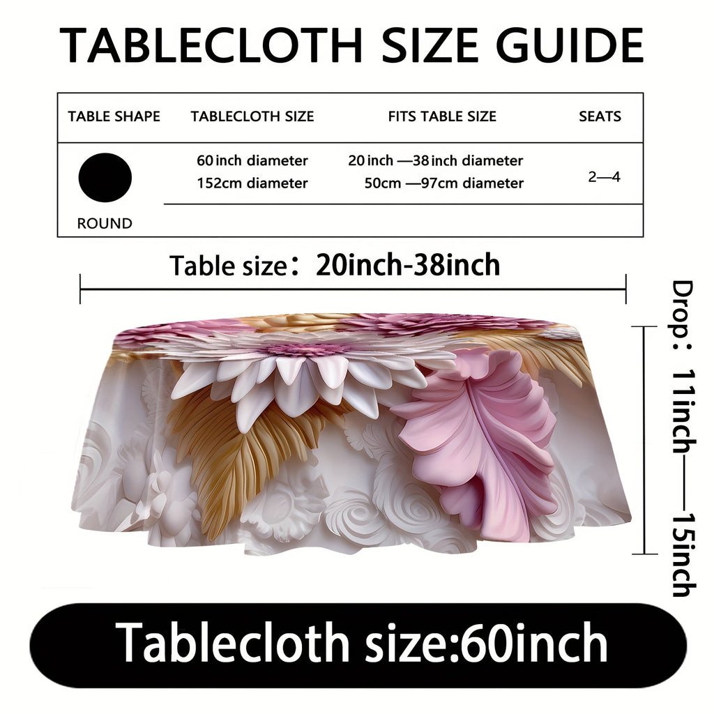 Elegant Golden & Jade Floral 3D Print Round Tablecloth - Stain & Waterproof, Perfect for Parties, Home Kitchens, Banquets & Patios