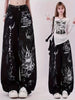 Women'S Hand-Drawn Designer Wide-Leg Denim Jeans - Casual Black Silver-Stencil Washed Cotton Blend Pants with Non-Stretch Fabric, All-Season Wear, Vintage-Inspired Drawing Pattern