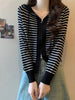 Women's Striped Hooded Knit Sweater Cardigan, Viscose, Korean Style, Zippered, Long Sleeve, Winter Casual Loose Fit Top