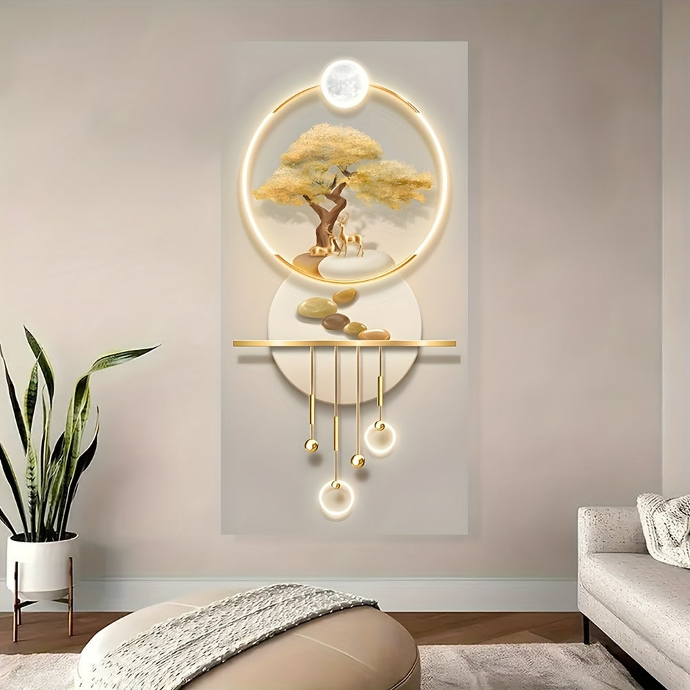 Modern Abstract Fortune Tree & Elk Canvas Art, 23.62x47.24in - Frameless Wall Decor for Living Room, Bedroom, Hallway - Elegant Khaki Tone, for Return School