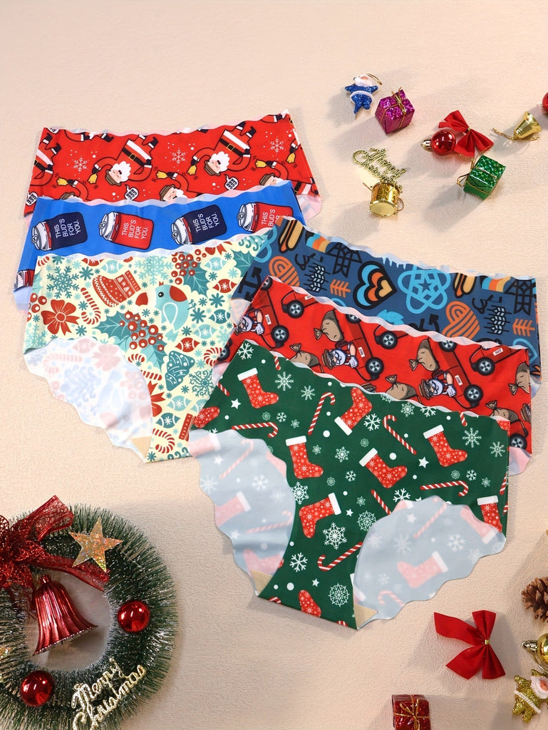 Festive Glam Christmas Print Bikini Underwear Pack of 12 - Mid Rise Briefs in Knit Polyamide Blend (75% Polyamide, 25% Elastane), Elegant Collection with Wave Edges, Breathable and Quick-Dry for Sports, Yoga, Holiday Gift Set for Family and Friends