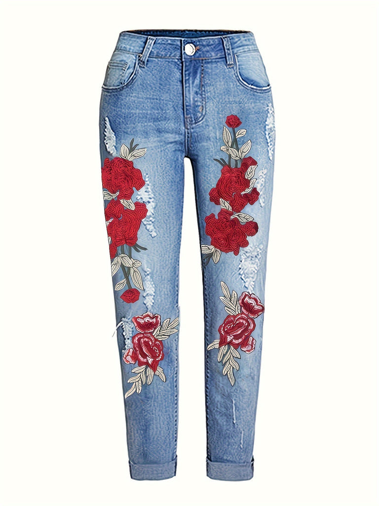 Women's Light Blue Denim Jeans with Red Floral Embroidery, Casual Style, Distressed Detail, Fashion Bottomwear