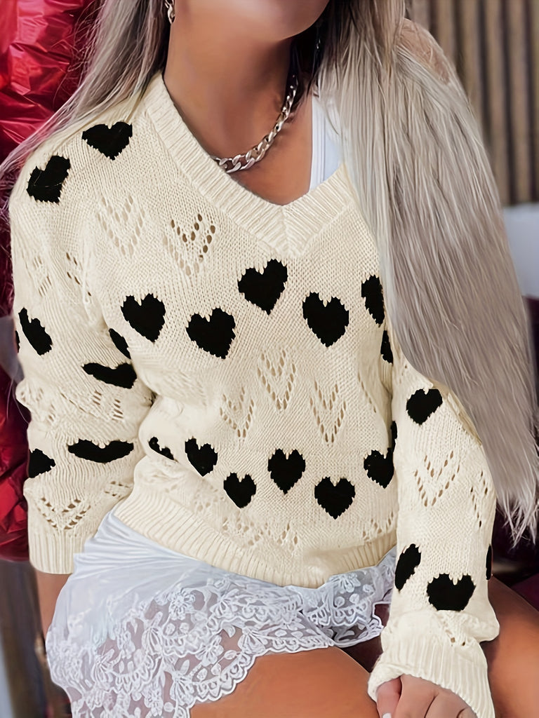 Valentine's Day Heart Pattern Knit Sweater, Casual Long Sleeve Pullover Sweater, Women's Clothing