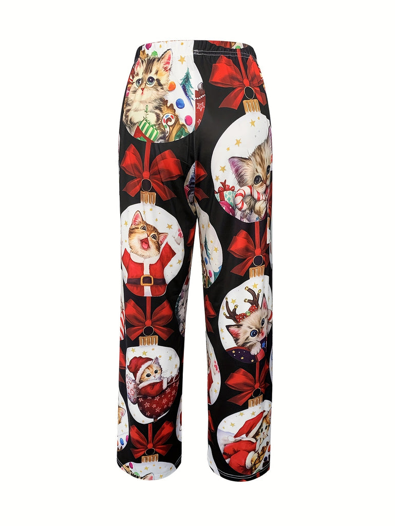 Christmas Print Wide Leg Pants, Casual Dual Pocket Loose Pants For Spring & Summer, Women's Clothing