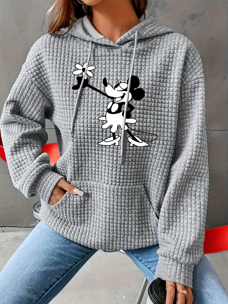 Women's Plus Size Cartoon Print Waffle Knit Drawstring Autumn/Winter Loungewear Hoodie