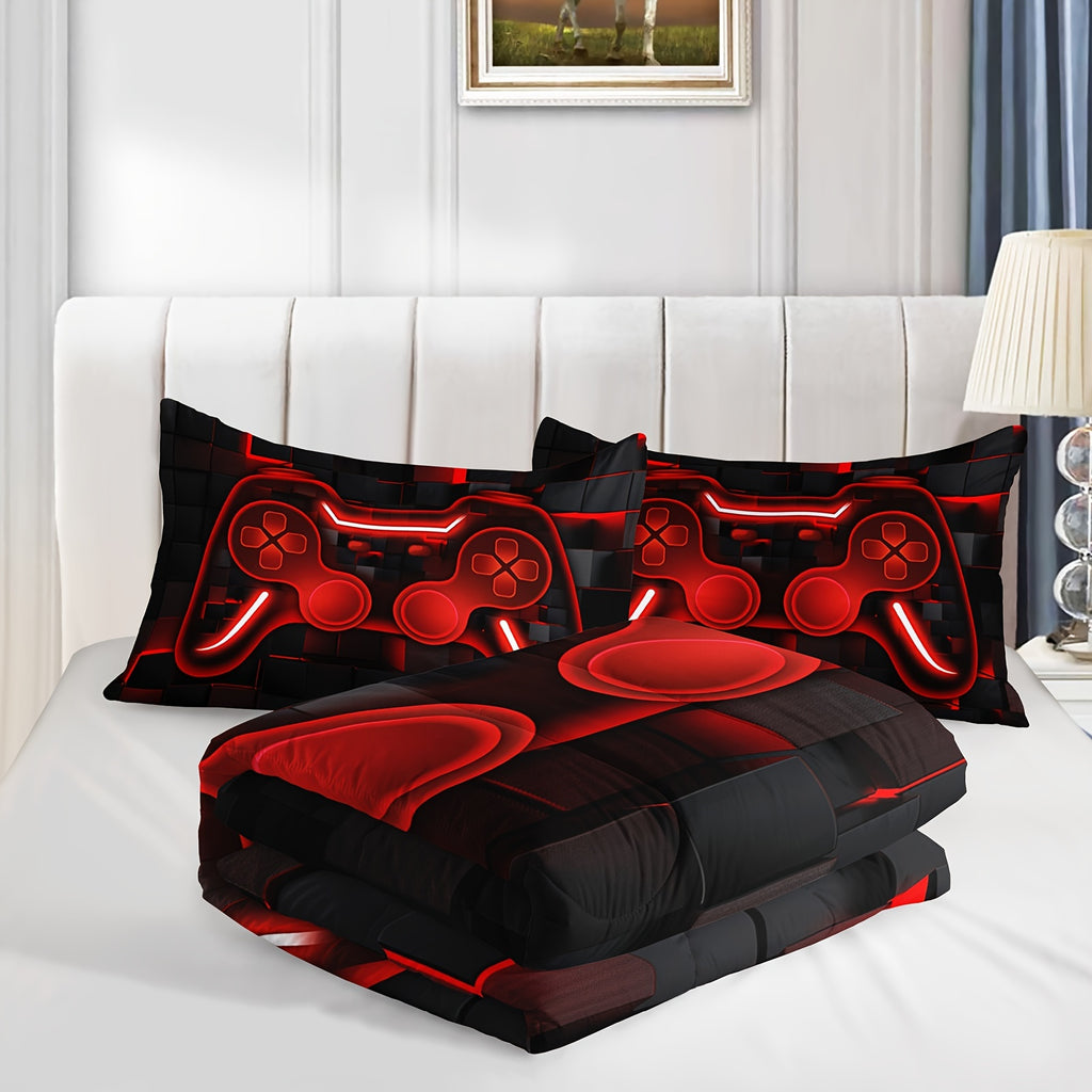 3Pcs Gamepad Comforter Set, Red Grid Print Bedding Set, Gaming Console Comforter Set, Video Gaming Controller Bedding Set For Men Adults, 1 Quilt 2 Pillowcases, Red Black