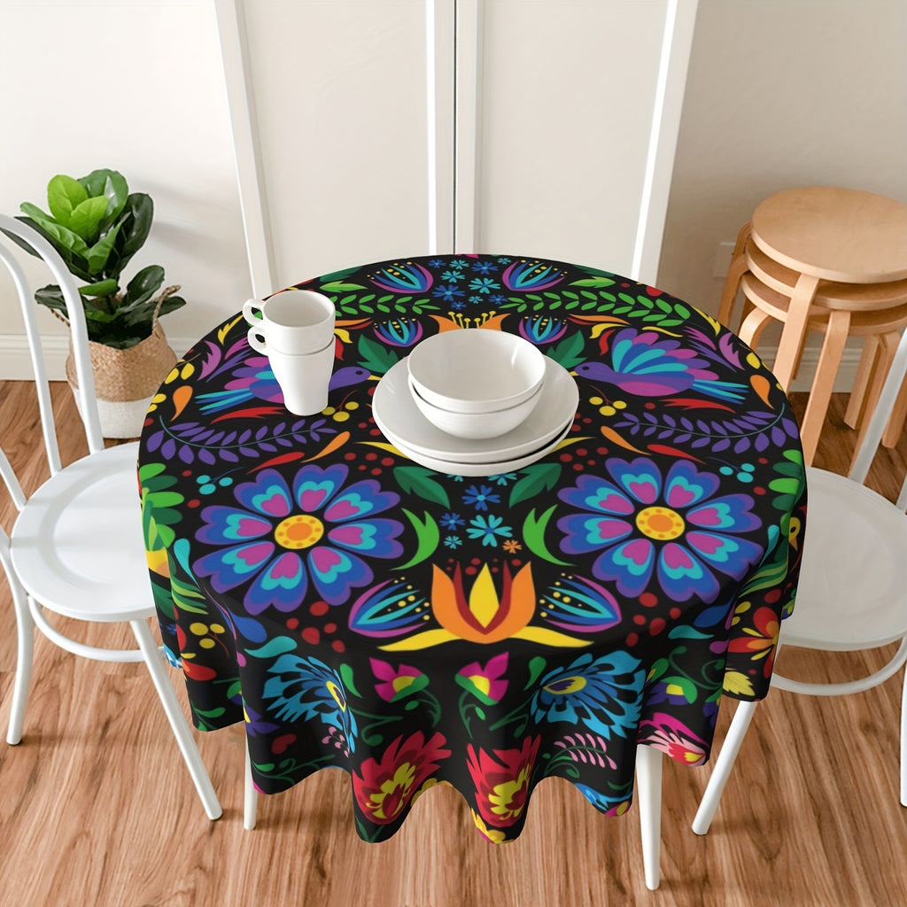 1pc Mexican Floral Tablecloth, Round, Machine-Woven Polyester, Waterproof & Spill-Resistant, Perfect for Fiesta & Cinco De Mayo, Home & Kitchen Dining Decor, Ideal Gift for Party Enthusiasts