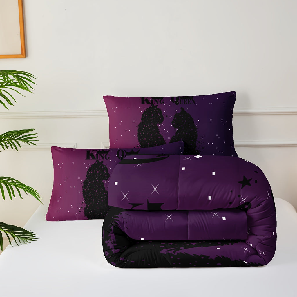 3pcs King and Queen Black Cat Galaxy Comforter Set, Purple - Soft, Breathable, Allergen-Free Polyester Bedding with Digital Print, Modern Fashion Home Dorm Decor, Includes 1 Comforter and 2 Pillow Cases