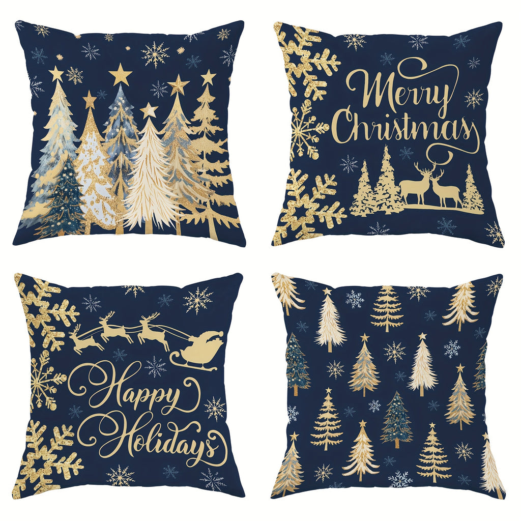 4pcs Set of Festive Velvet Throw Pillow Covers - Christmas Deer, Tree & Snowflake Designs in Blue and Golden - Soft, Cozy Decorative Cushion Cases for Living Room & Bedroom - Machine Washable, Zip Closure, Christmas Decor