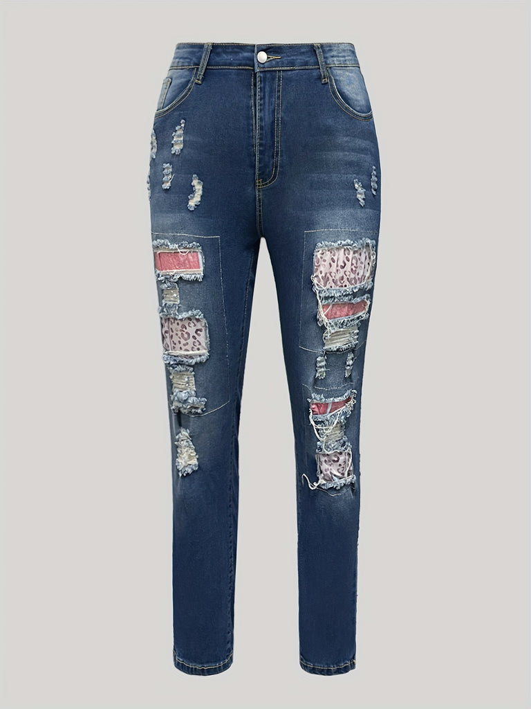 Women's Retro Style Denim Pants - Plus Size Ripped Printed Patchwork Distressed Whiskering Casual Streetwear Jeans - Denim - For Women - Suitable for Casual Wear - Perfect Gift for Fashionable Women