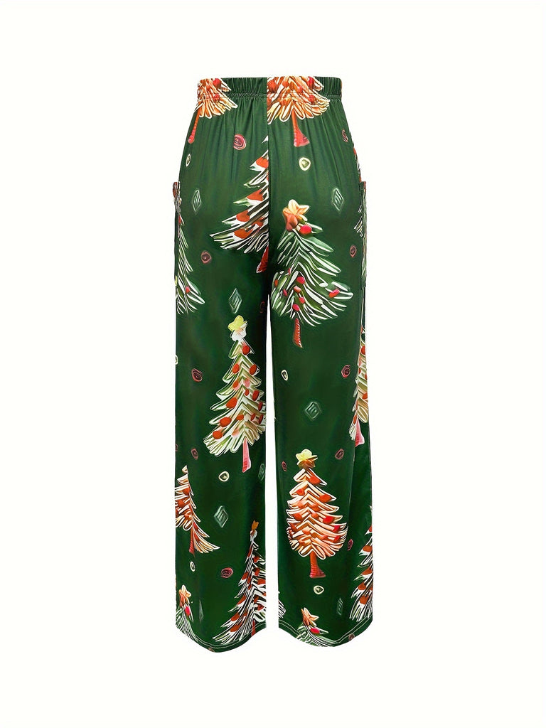 Christmas Tree Print Straight Leg Pants, Casual Elastic Waist Dual Pockets Pants For Spring & Summer, Women's Clothing