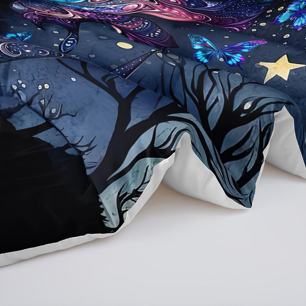 Butterfly Comforter Set Moon Printed Bedding Night Sky Galaxy Comforter 3 Piece Set (1 Bed Comforter + 2 Pillow Cases), Comforter For All Seasons, Soft Comfortable And Breathable Printed Bedding For Home Dorm Decoration