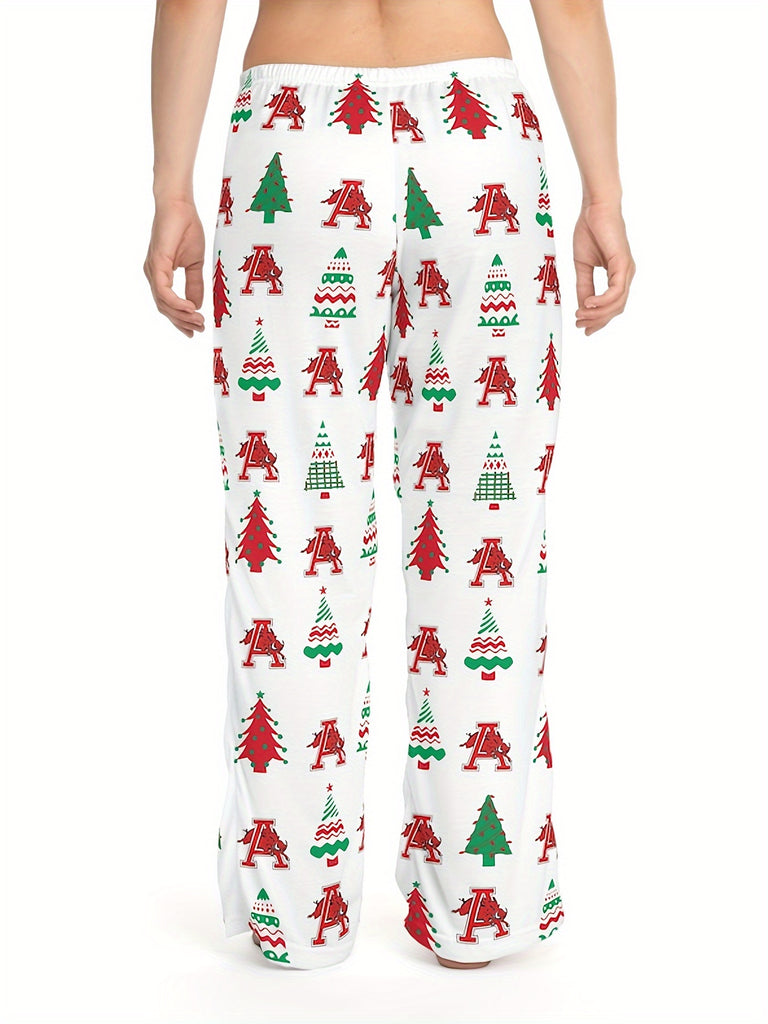 Women's Comfy Christmas Tree Print Wide-Leg Pants - Stretchy, Casual Sleepwear with Drawstring Waist, Machine Washable