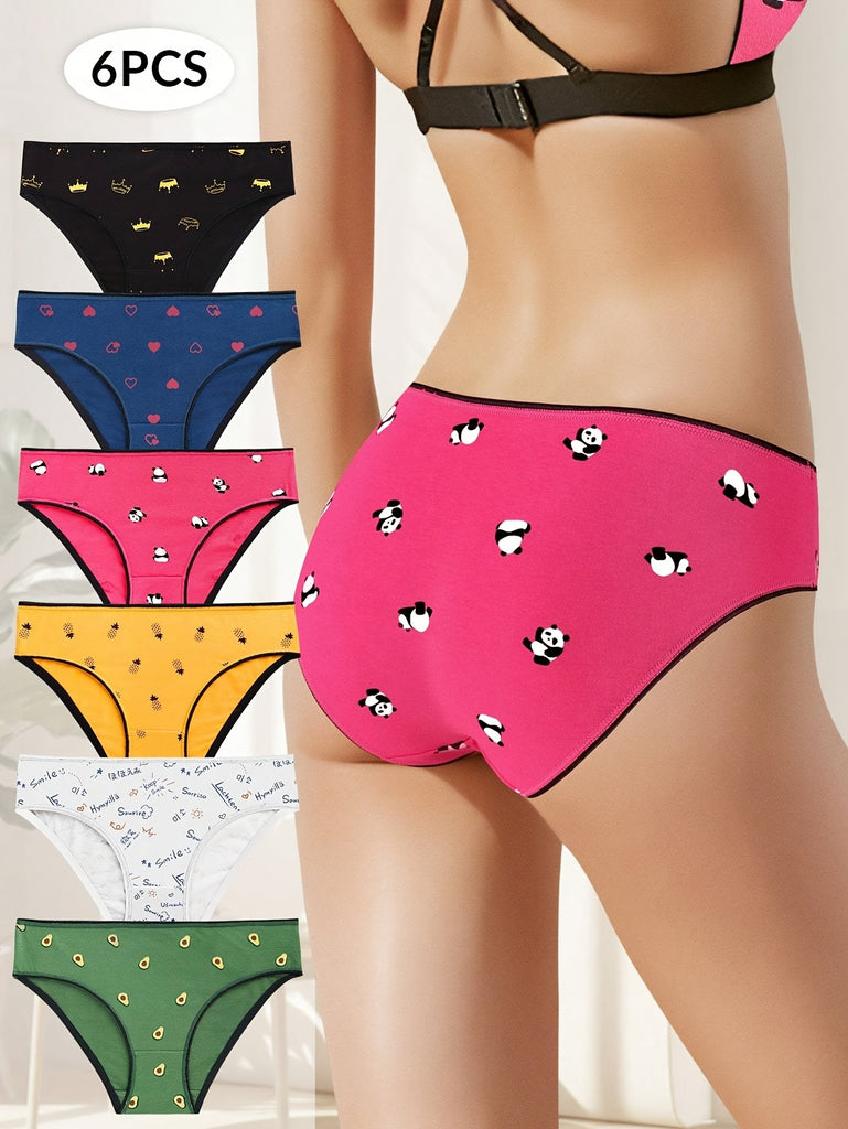 6pcs Breathable Cute Cartoon Print Panties, Comfy Women's Lingerie & Underwear