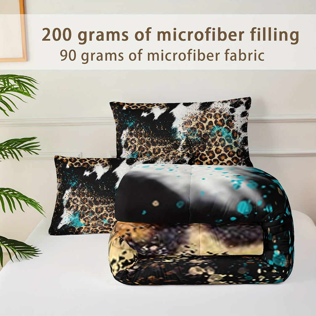 3pcs Highland Rustic Cow Fur Print Comforter Set (1 Comforter + 2 Pillowcase Without Pillow Insert) For All Seasons, Microfiber Western Farmhouse Style Leopard Print Bedding Set For Bedrooms Decoration