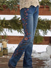 Women's Floral Embroidered Flare Jeans, Retro Style, Vintage Blue Denim, Casual Chic Pants With Elegant Embellishments