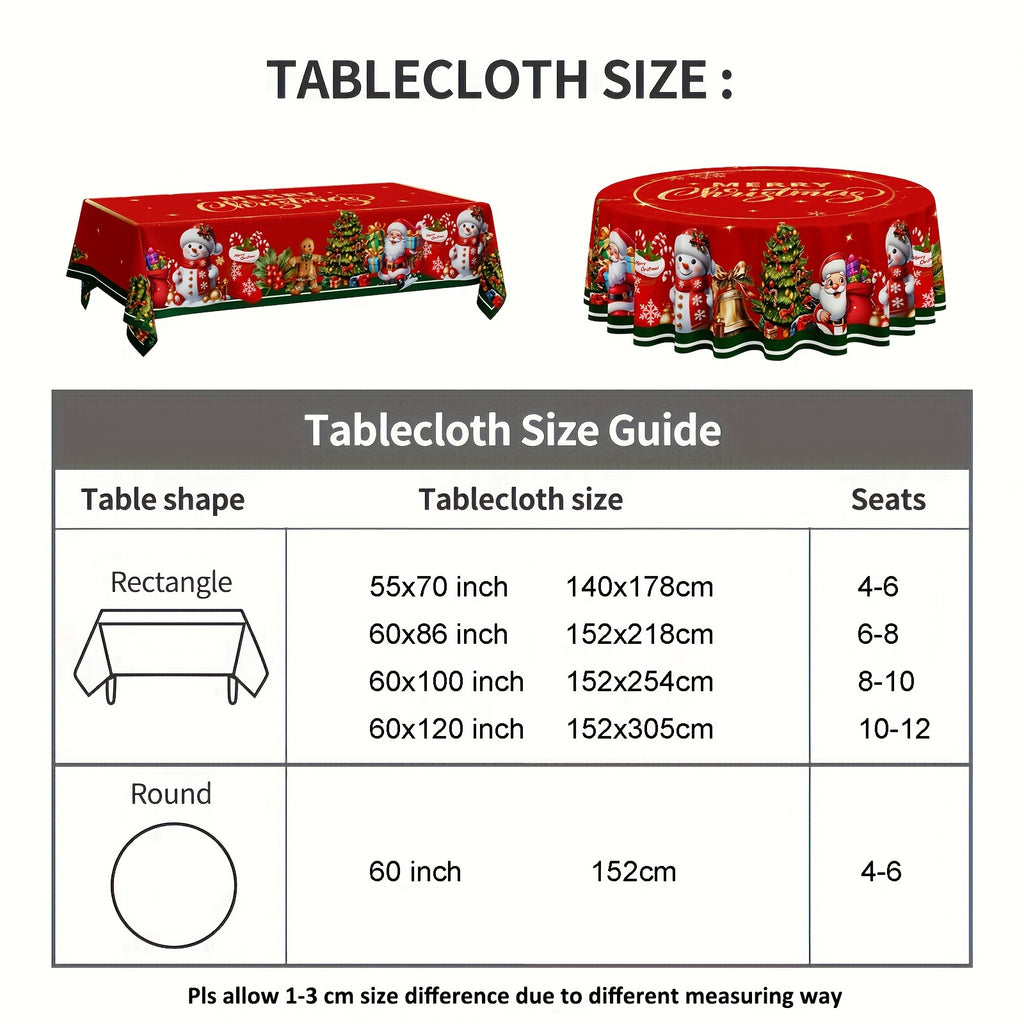 Merry Christmas Tablecloth with Santa, Snowman & Gingerbread for Man Design - Waterproof Polyester, Stain-Resistant Holiday Decor for Dining Room, Perfect for Home & Restaurant Use, Christmas Decor