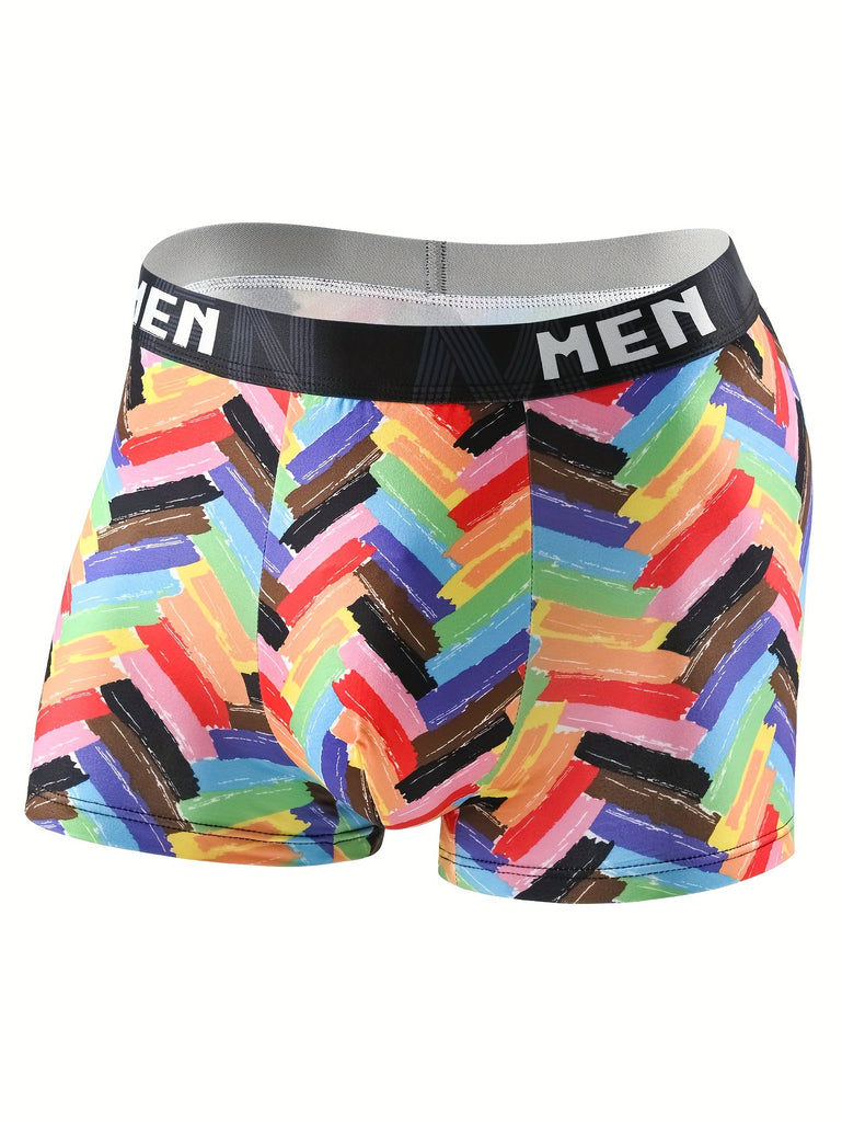 Stylish High Quality Series - 4 Pcs Men's Colorful Geometric Print Stretchy Boxer Briefs - Comfy & Quick- Drying & Breathable Underwear Set - S、M、L、XL、XXL