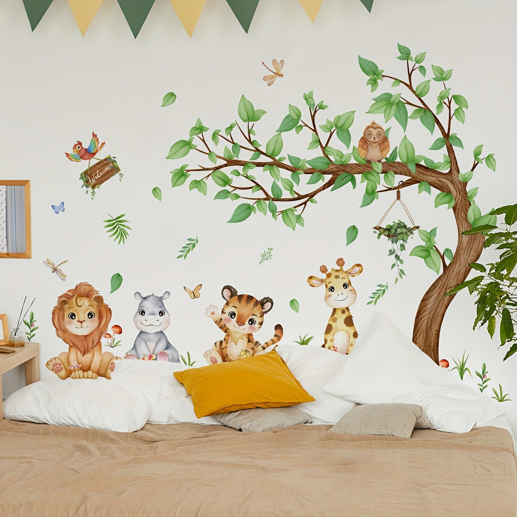 6-Piece Art Deco Wall Stickers: Large Tree with Cartoon Animals - Easy Apply & Peel Off for Bedroom, Living Room Decor