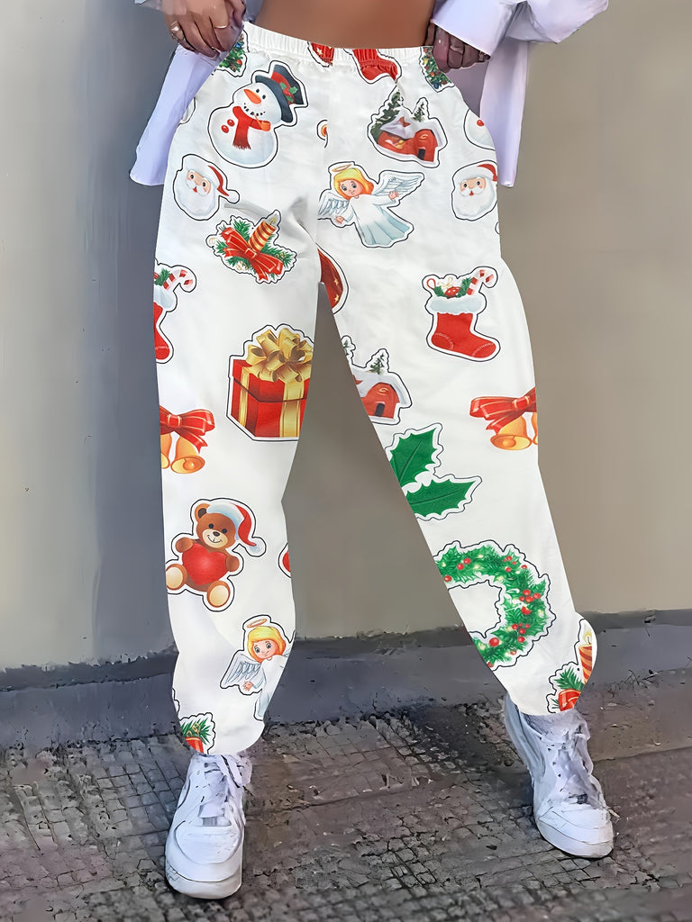 Christmas Themed Casual Jogger Pants Polyester with Spandex, Festive Print, Pockets, Knit Fabric, Long Length for Adults - Fall/Winter Season