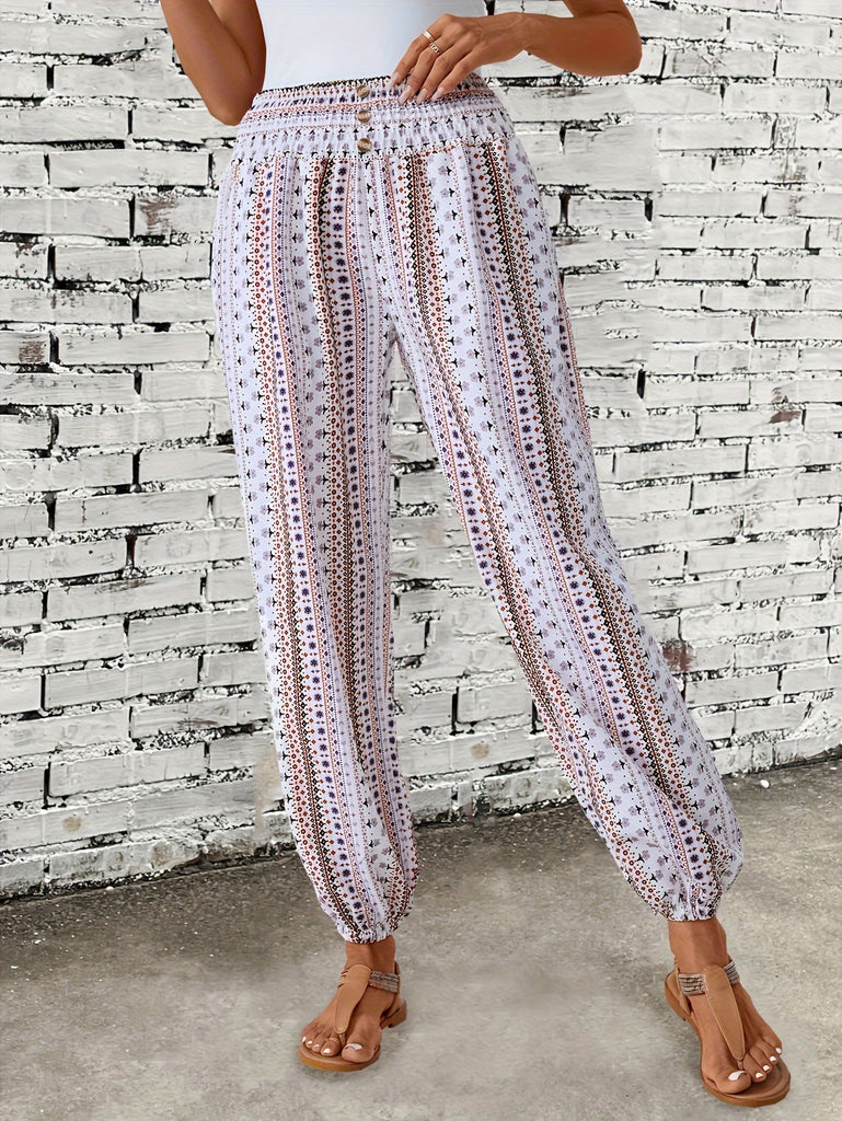 Trendy Tribal Print Jogger Pants - Comfortable Button Detail, Boho Loose Fit for Spring & Summer - Womens Fashion Essential