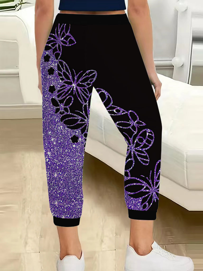 Butterfly Print Drawstring Jogger Pants, Casual High Waist Pocket Pants - Lightweight & Breathable Fabric - For Spring & Summer - Women's Clothing - Perfect for Casual Wear & Loungewear