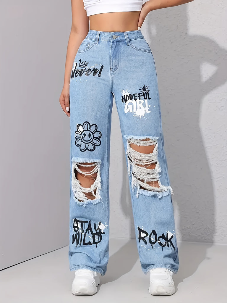 Women's High-Waist Distressed Cartoon Print Straight-Leg Jeans - Ripped Denim with Graffiti Art, Non-Stretch Cotton Blend, Machine Washable, Casual Style for Spring/Summer/Fall