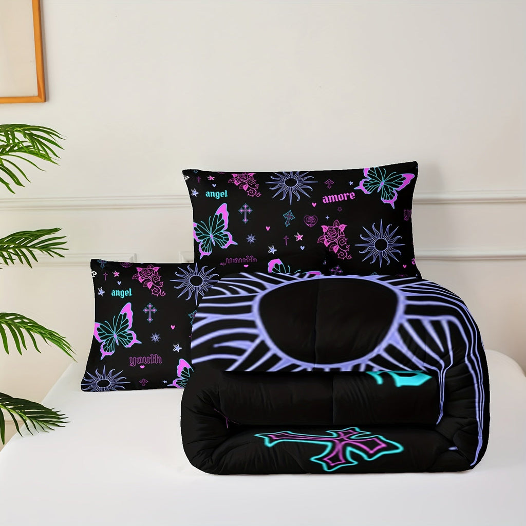 Butterfly Comforter Set Purple Rose Printed Bedding Sun Galaxy Comforter 3 Piece Set (1 Bed Comforter + 2 Pillow Cases), Comforter For All Seasons, Soft Comfortable And Breathable Printed Bedding For Home Dorm Decoration