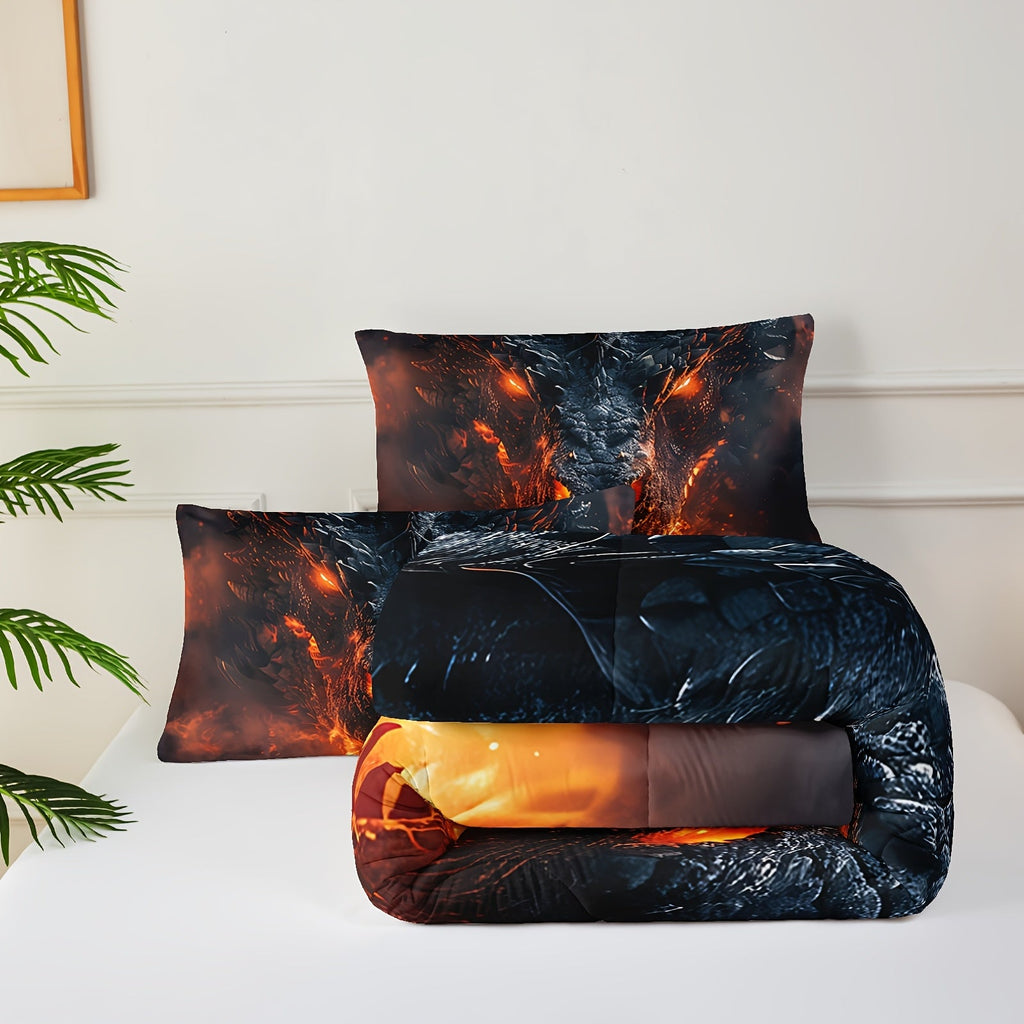 3pcs Dragon Themed Comforter Set, Anime Dragon Bedding Set (1 Bed Comforter + 2 Pillow Cases), Four Seasons Comforter, Soft Comfortable And Breathable Printed Bedding For Home Dorm Decoration