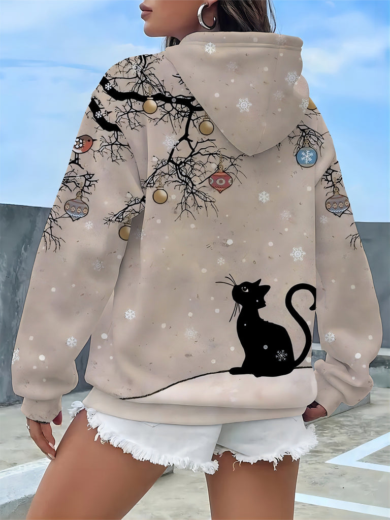 Women's hooded sweatshirt with Christmas snowflake cat pattern print, Spring and Autumn women's hooded pullover, as a Christmas gift