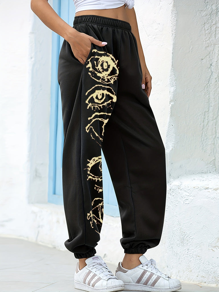 Graphic Print Loose Jogger Sweatpants, Casual Elastic Waist Pocket Pants For Fall & Winter, Women's Clothing