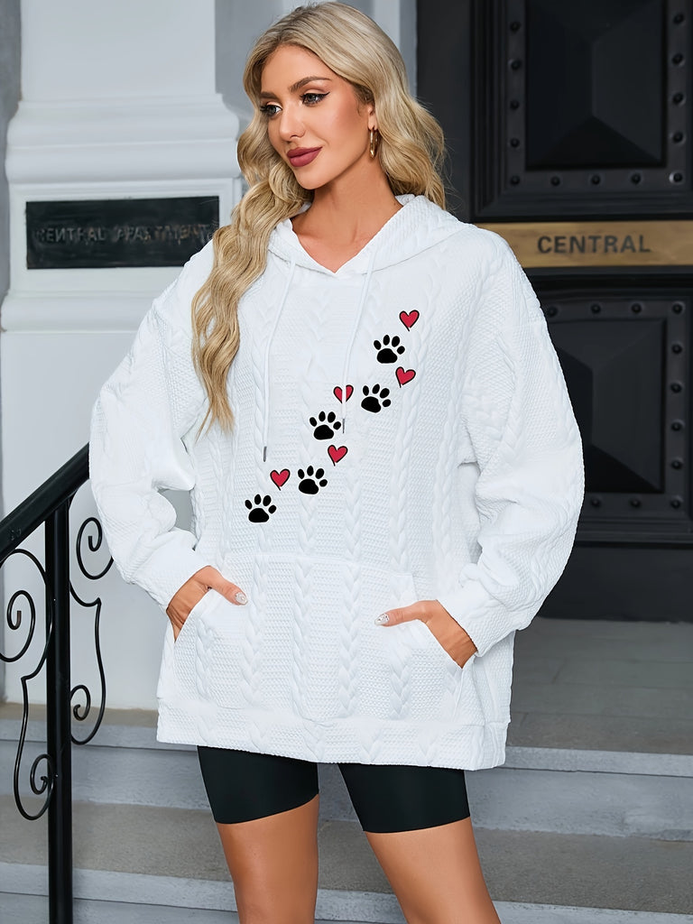 Paw & Heart Print Kangaroo Pocket Hoodie, Casual Long Sleeve Drawstring Hoodie Sweatshirt, Women's Clothing