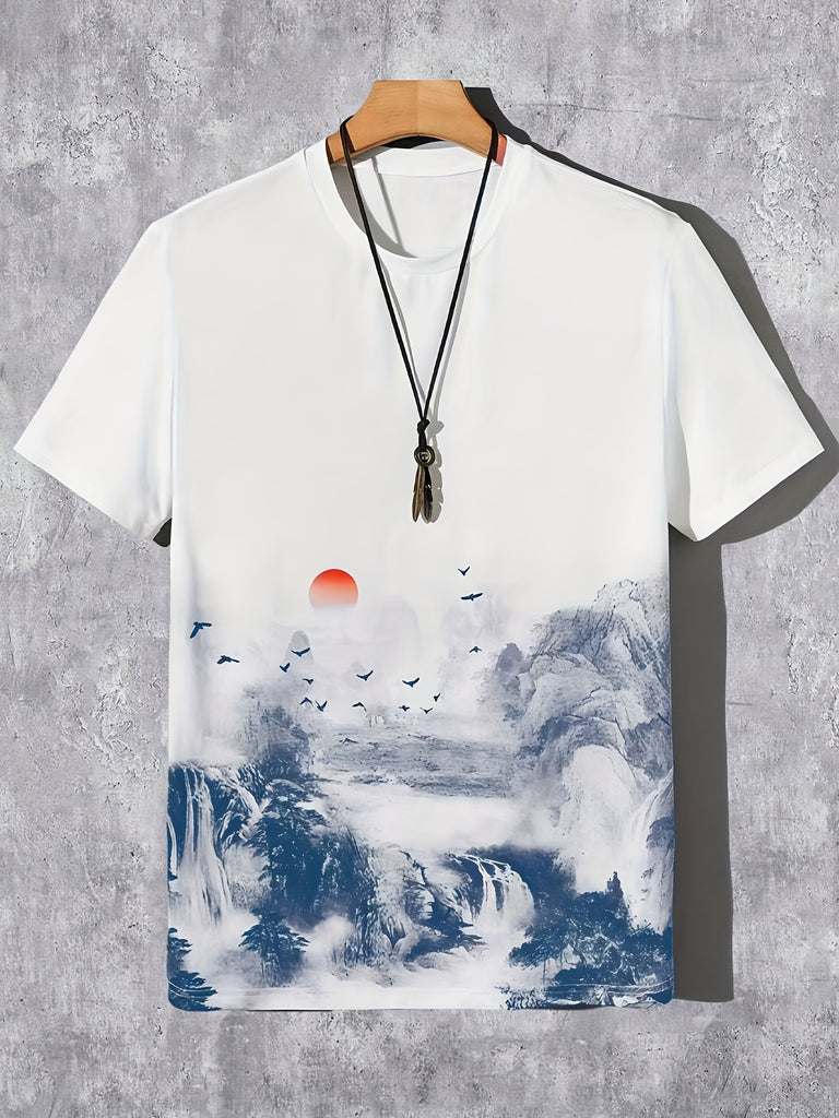 Men's Mountain Graphic Print T-shirt, Casual Short Sleeve Crew Neck Tee, Men's Clothing For Summer Outdoor