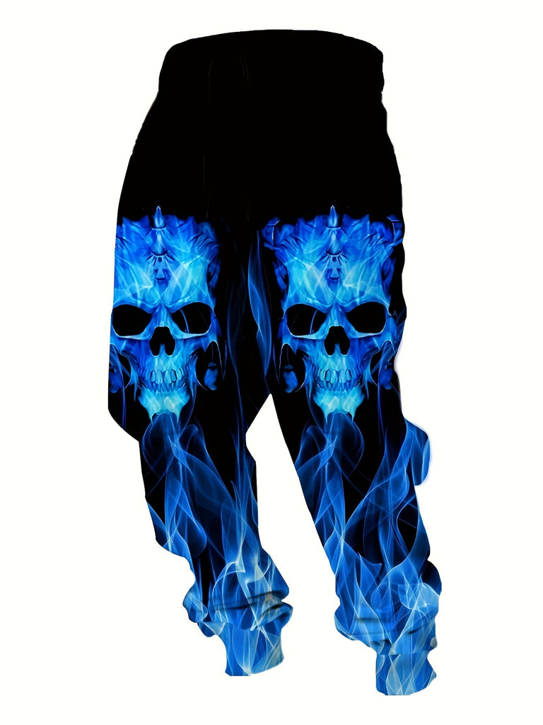 Men's Skulls With Flames Print Jogger Sweatpants With Drawstring, Casual Sporty Trousers As Gift