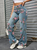 Women's Floral Print Straight-Leg Jeans - Casual High-Rise Denim with Slash Pockets, Machine Washable