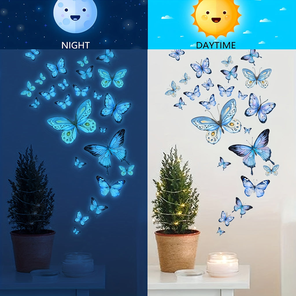 25pcs Vibrant Blue Butterflies Glow-in-the-Dark Stickers - Radiant Design, Waterproof, Detachable, Self-Adhesive Vinyl Decor for Living Room, Bedroom, Bathroom Walls, and More - Transform Your Space with Nighttime Beauty