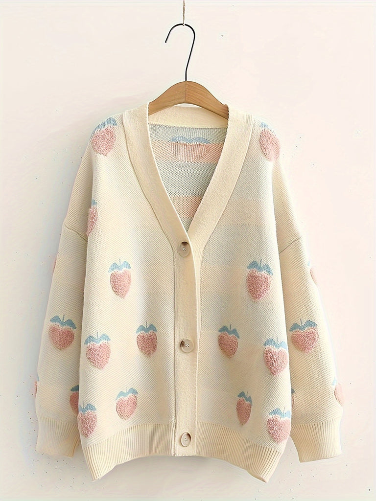 Strawberry Pattern Button Front Knitted Cardigan, Sweet Long Sleeve Drop Shoulder Cardigan For Spring & Fall, Women's Clothing